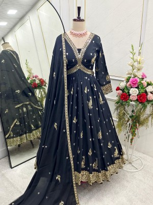 Designer heavy embroidery sequence micro cotton black gown dupatta